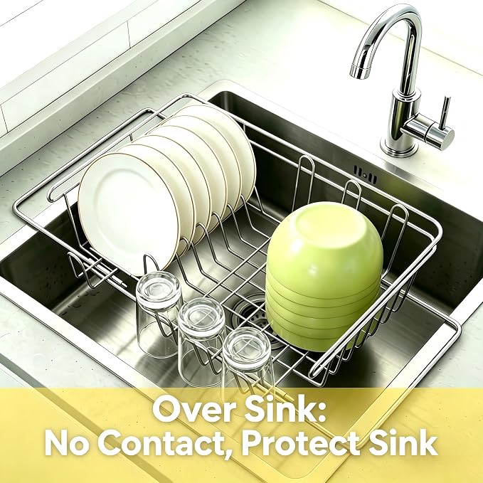 Dish Drying Rack in Sink & Over The Sink, Expandable Stainless Steel Dish Drainers for Kitchen Counter, Inside Sink Dish Dryer Rack, Rust-Resistant, Silver