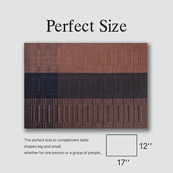 Placemats Set of 6 - Easy Clean Woven Vinyl Placemats for Dining Table, Indoor/Outdoor Place Mats, Washable PVC Table Mats (Ombre Brown Black)
