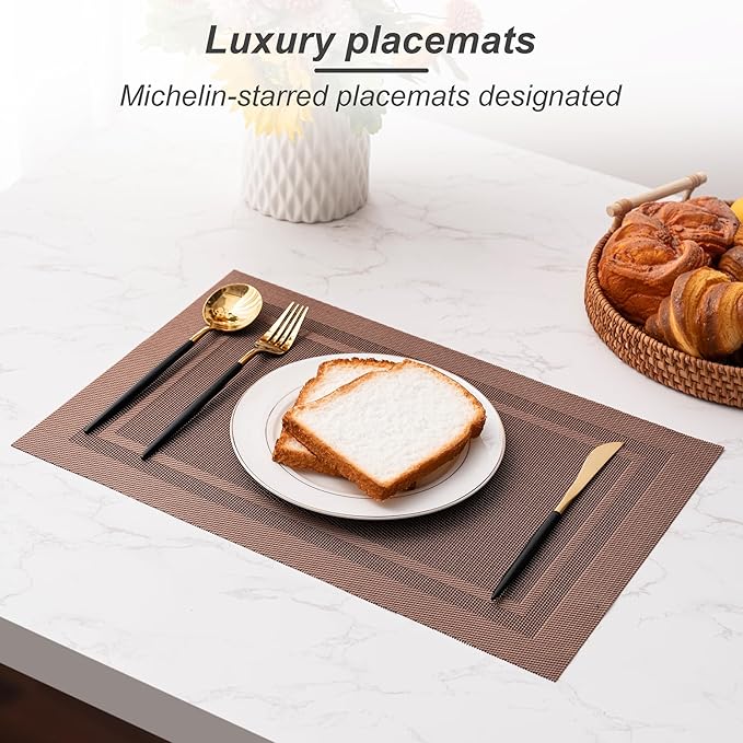CADONO Placemats Set of 4 Washable Indoor/Outdoor Vinyl Place Mats for Dining Table Durable Non-Slip Heat Resistant PVC Weave Table Mats(Simple Style-Coffee-Colored)