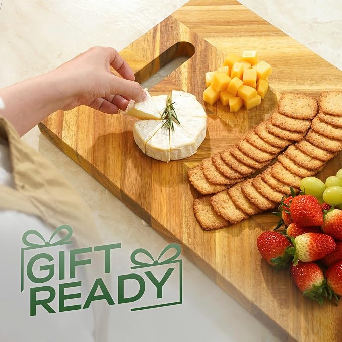 Howizz Solid Acacia Wood 36"x12" Extra Large Charcuterie Board with Handles, Grazing Board Serving Board Herringbone Chevron Serving Tray for Bread, Meat, Appetizers, Kitchen Cutting Board