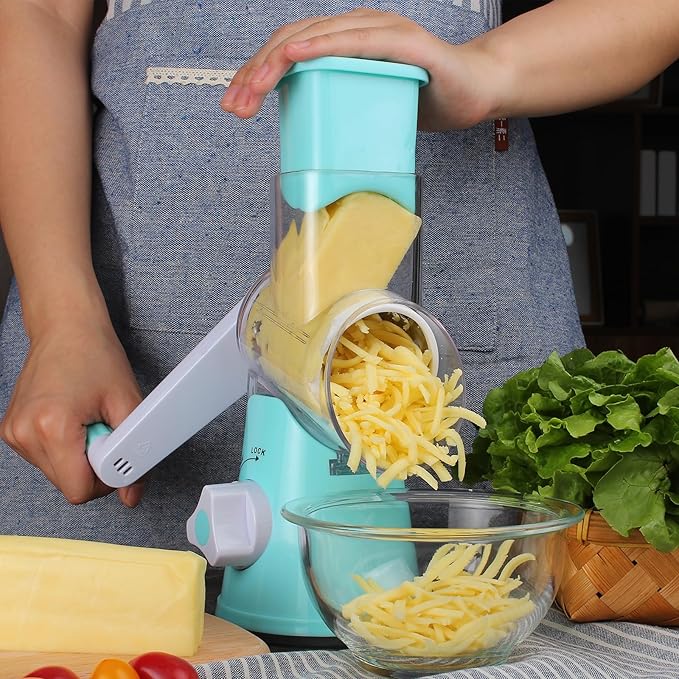 Cambom Rotary Cheese Grater Hand Crank Cheese Shredder for Fresh Cheese, Vegetable, Nuts,Non-slip Suction Base,Three Blades,Blue