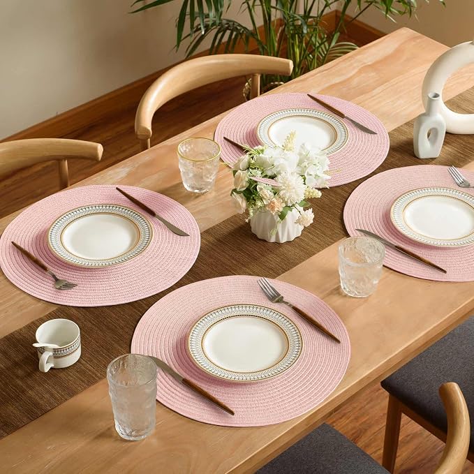 FunWheat Round Braided Placemats Set of 4 Place mats for Dining Tables Woven Heat Resistant Table Mats 15 inch (Pink,4pcs)