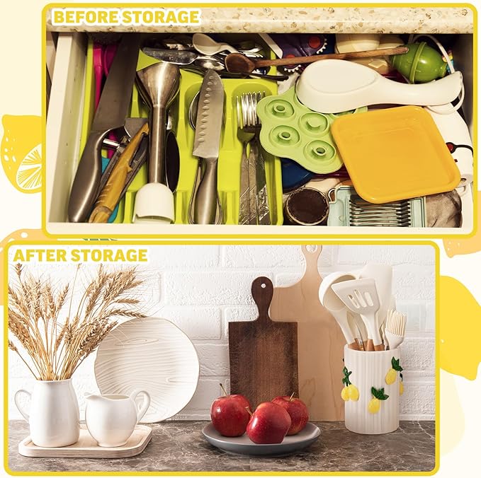 LemonRoad Lemon Kitchen Decor Ceramic Utensil Holder 3D Handmade Lemon Cooking Utensil Crock with Scalloped Edge Design Preppy Storage Caddy Organizer Vase Decor for Christmas Kitchen Countertop Gift