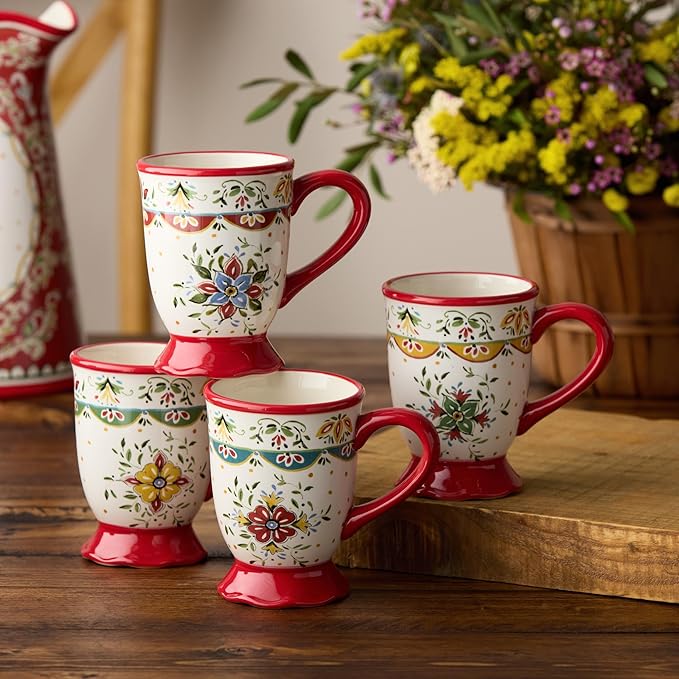 Provence 18 oz. Mugs Set of 4 – Assorted French Country Designs – Rustic Farmhouse Coffee & Tea Cups – Printed Folk Art Style for Kitchen, Dining, Cocoa, and Hot Drinks