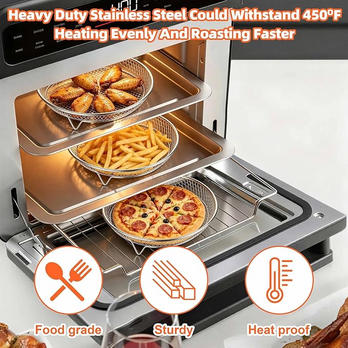 P&P CHEF 7.9 Inch Round Air Fryer Rack Basket Set, 3Pcs Stackable Stainless Steel Air Fryer Baskets Accessories for Roasting, With Anti-scalding Clip & Silicon Feet, Oven & Dishwasher Safe