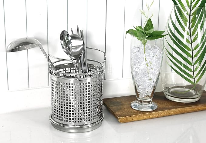 LENITH Stainless Steel Kitchen Round Utensil Holder - Weighted Base for Stability - Utensil Crock With Removable Divider for Easy Cleaning (Round Tulip)