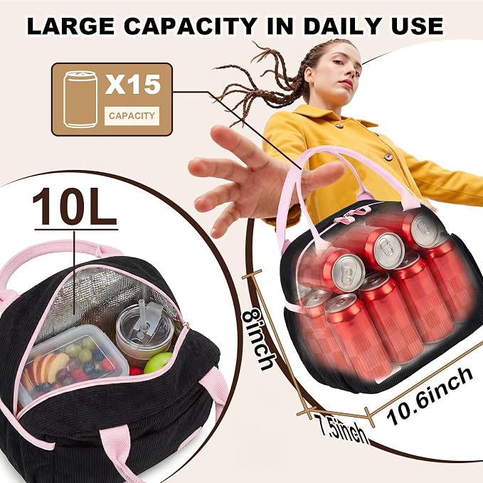 LEDAOU Lunch Box for Women Insulated Lunch Bag Cute Lunchbox Compact Cooler Thermal Reusable Lunch Tote for Work School Picnic Travel (Black-Pink)