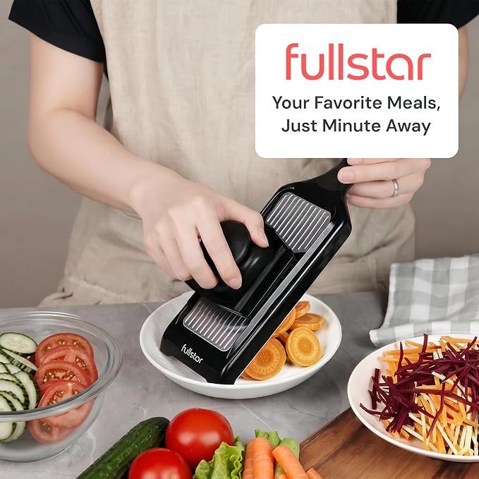 Fullstar 2-in-1 Handheld Mandoline Slicer for Kitchen - 4 Thickness Settings Vegetable Food Onion Slicer, Sharp Julienne Blade, Stainless Steel Guard, Easy to Use, Veggie Slicer & Fruit Cutter (Black)