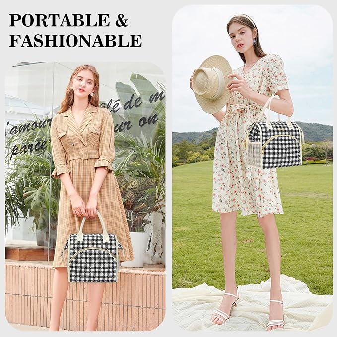LOKASS Insulated Lunch Bag Women- Reusable 10 L Lunch Box for Women - Leakproof Tote Cooler Bag for Adults Work, Beach, Travel, Picnic (Black&White Diamond Grid)