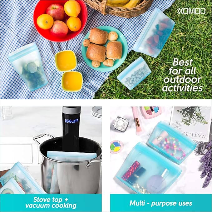 Reusable food container silicone bag, Full Set 6, 2 Cups, 2 Dishes, 2 Bags Zip Containers Storage, 100% Silicone Reusable Food Bag, Stand Up Preservation Bag, Rounded interior for easy cleaning.