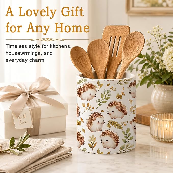 Ceramic Kitchen Utensil Holder for Countertop,Cute Hedgehog Large Utensil Crock for Kitchen Counter,Cooking Utensil Organizer for Spatulas,Spoons