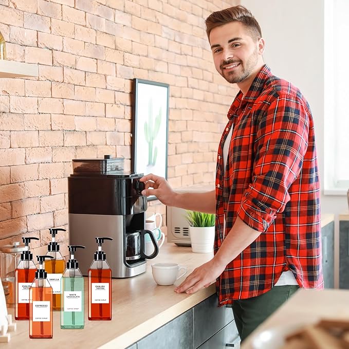 Nuogo 6 Pcs Coffee Syrup Dispenser Bottles Set 750ml, 500ml, 300ml, 150ml PET Black Syrup Bottles with Pump Dispenser 27 Labels for Coffee Bar Kitchen Accessories Portable Travel(16.9 oz,Square)