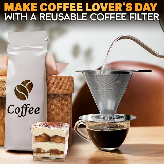 Stainless Steel Pour Over Coffee Maker With Cleaning Brush & Non-Slip Silicone Handle - 2 Cups Capacity 600 Mesh Stainless Steel Pour Over Coffee Dripper With Secure Wide Base, Clean Flavor Paperless
