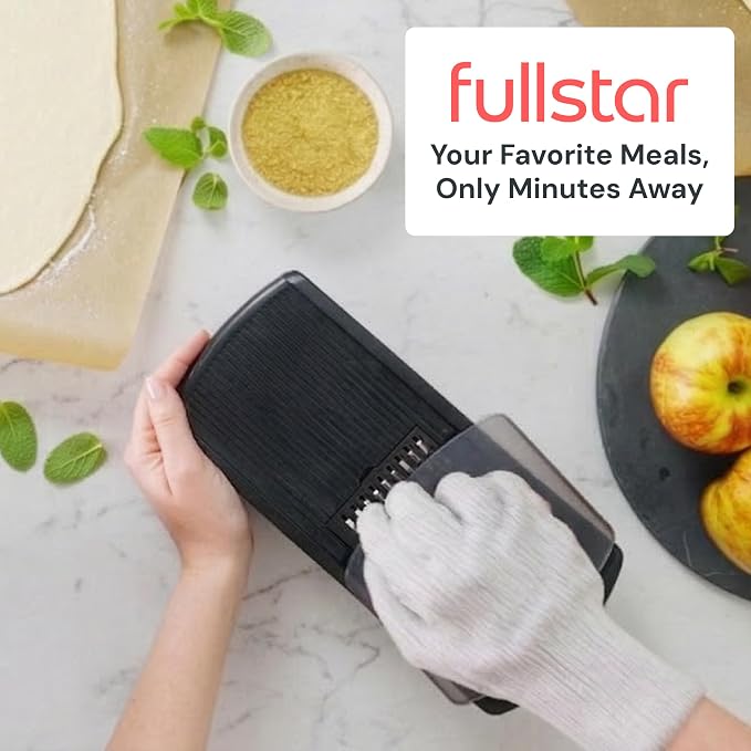 Fullstar Mandoline Slicer for Kitchen, Fruit Cutter, Cheese Grater, Cucumber Slicer, Veggie Spiralizer, Food Cutter & Kitchen Gadgets & Gifts with Safety Glove (6 in 1, Black)