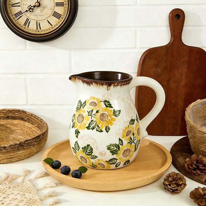 Ceramic Utensil Holder for Kitchen Counter, 6.1 Inch Modern Farmhouse Rustic Cooking Utensil Holder for Countertop Home Decor, Vintage Utensil Organizer Crock for Cooking & Spoon Tools (Sunflower)