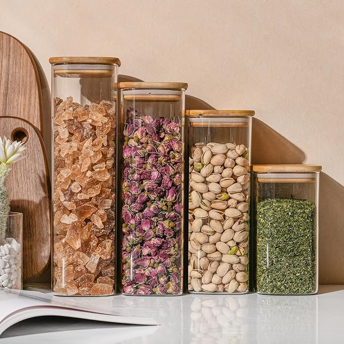D2scrma 64oz Rectangle Airtight Glass Storage Containers with Bamboo Lids (Set of 3), Square Food Storage Jar, Pantry Organizers for Cereal, Flour, Pasta and Coffee beans (with Black Lable)