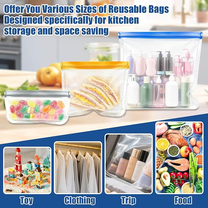 Reusable Silicone Freezer Bags, 12 Pack Leakproof Food Storage Bags Dishwasher Safe, Silicone Snack Bags Food Storage Containers for Meal Prep Containers, Salad Fruit, Vegetables, Home Organization