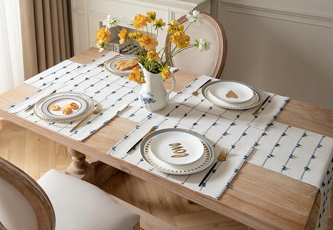Boho Placemats Set of 4 for Dining Table Decor, Woven Cloth Place Mats for Farmhouse Rustic Kitche Home Decor, Cotton Placemats 13 x 19 Inch, Blue and Beige Table mats