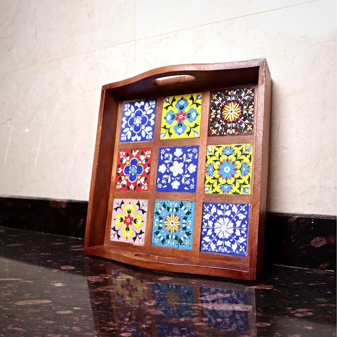 Craft Trade Mango Wood Serving Tray with Handle and 9 Fitted Floral Ceramic Tiles Wooden Platters Perfect for Breakfast Tea Coffee Snacks Dinner 30x30x8 cm Square