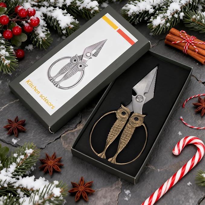 WARMHEART Owl Kitchen Scissors All Purpose, Stainless Steel Heavy Duty Sharp Shears for Meat, Chicken, Fish, Poultry, Herb, Bread (Rose gold, Large)