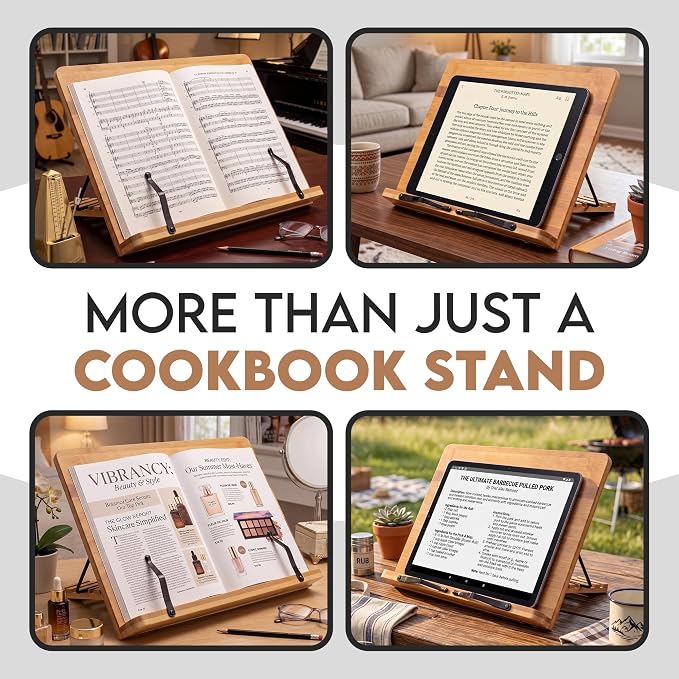 Bamboo Cookbook Stand Large, Adjustable Book Holder Tray and Page Paper Clips - Natural Color Large - 4-Position Recipe Book Stand Holds Thick Books for Kitchen Counter, Reading, Studying - Foldable