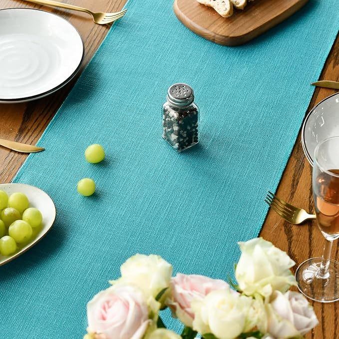 Artoid Mode Teal Tassel Table Runner, Winter Linen Blend Rustic Farmhouse Style Kitchen Table Decoration Holiday Wedding Party Dinning Decor 13x48 Inch