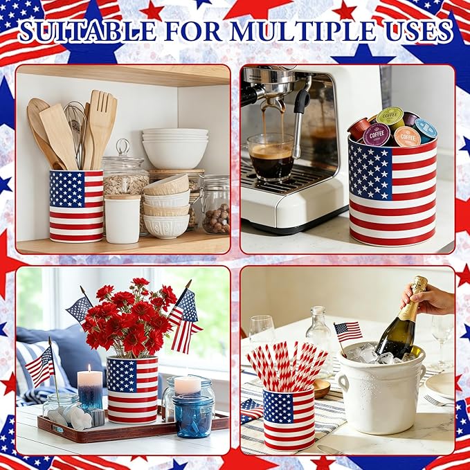 Whaline Patriotic Ceramic Utensil Holder 4th of July American Flag Utensil Crock for Independence Day 250th Anniversary Home Kitchen Countertop Storage Organizer Container