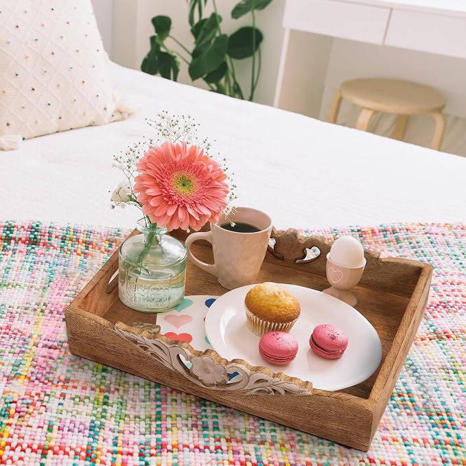 Mela Artisans 16” x 12” x 2.5” Mango Wood Serving Tray with Handles – Orchid Medium Burnt Finish – Handcrafted Wooden Serving Board for Breakfast, Coffee & Home Décor