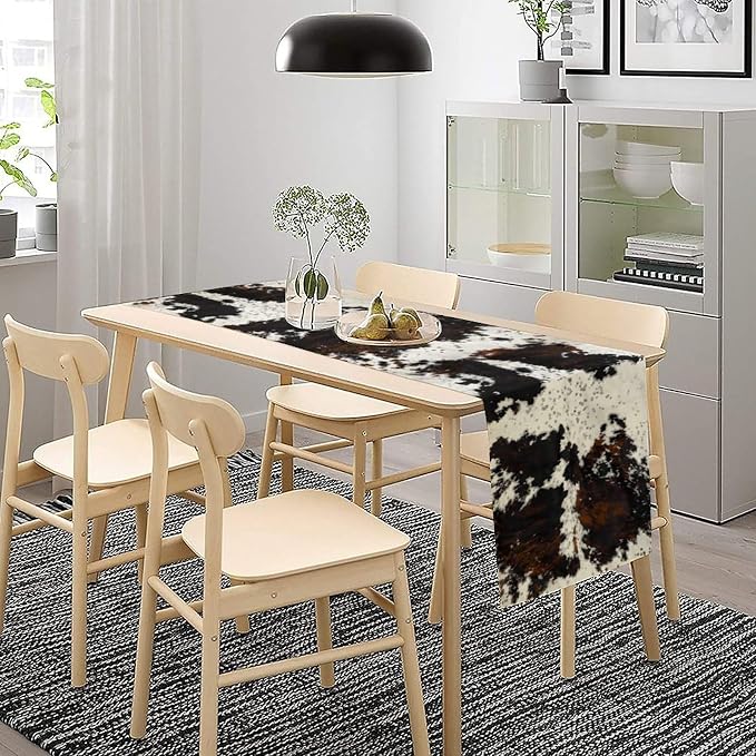 Cow Animal Skin Print Table Runner,Cotton Linen Rustic Cottage Country Farm Animal Fur Skin Pattern Western Style Black Brown Cowhide Print Dinner Runner for Home Kitchen Dining Table Decor 13"x36"
