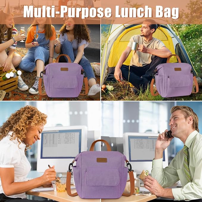 Joymee Insulated Lunch Bag For Women Reusable Leakproof -Purple | Spacious Storage, Bottle Holder & Pockets, Leakproof Insulated, for Work, Travel, Picnic, Daily Use, for Adult