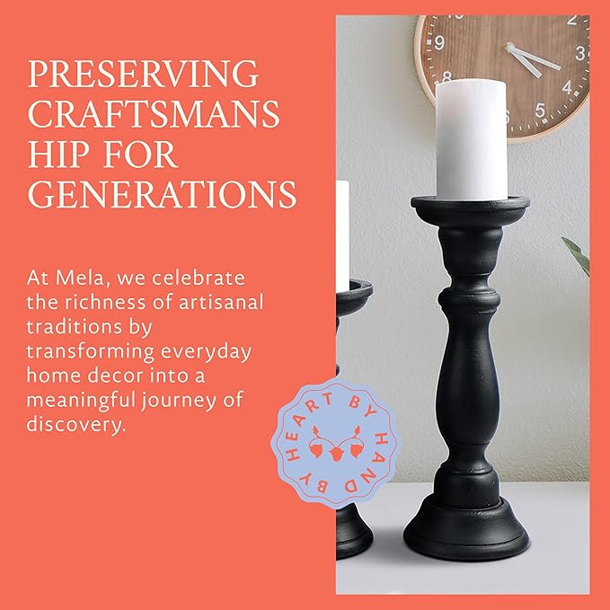 Mela Artisans 6”, 9” & 12” Mango Wood Pillar Candle Holder Set of 3 – Tuli Design Matte Black – Wooden Candle Holders for Table, Mantel & Living Room Décor