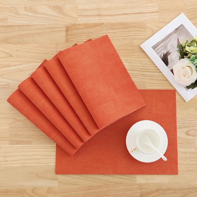 Homaxy Faux Leather Heat Resistant Placemats for Dining Table Set of 8, Waterproof Wipeable Washable PU Table Mats, Easy to Clean Anti-Slip Place Mats, 11.8" x 17", Orange