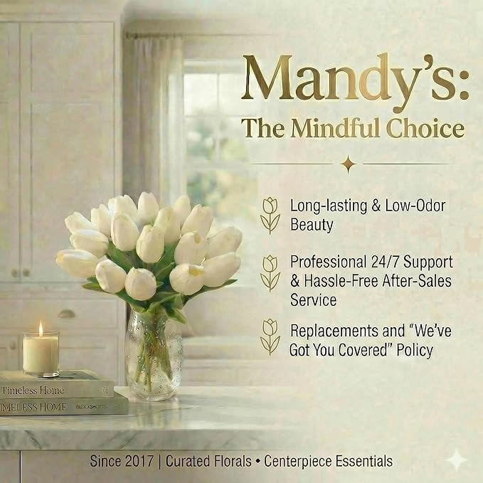 Mandy's White Artificial Tulips Flowers Centerpiece, 13.5" Lifelike PU Fake Floral Stems 20pcs for Kitchen Island & Dining Table, Spring Decor for Easter