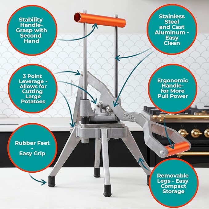 Commercial Grade French Fry Cutter, Sweet Potato & Yam Capable, Removable Legs and Case for Compact Storage, 3 Blade Sizes (1/4"- 3/8"- 6-Wedge), Potato, Fruit and Vegetable Slicer & Dicer by POP