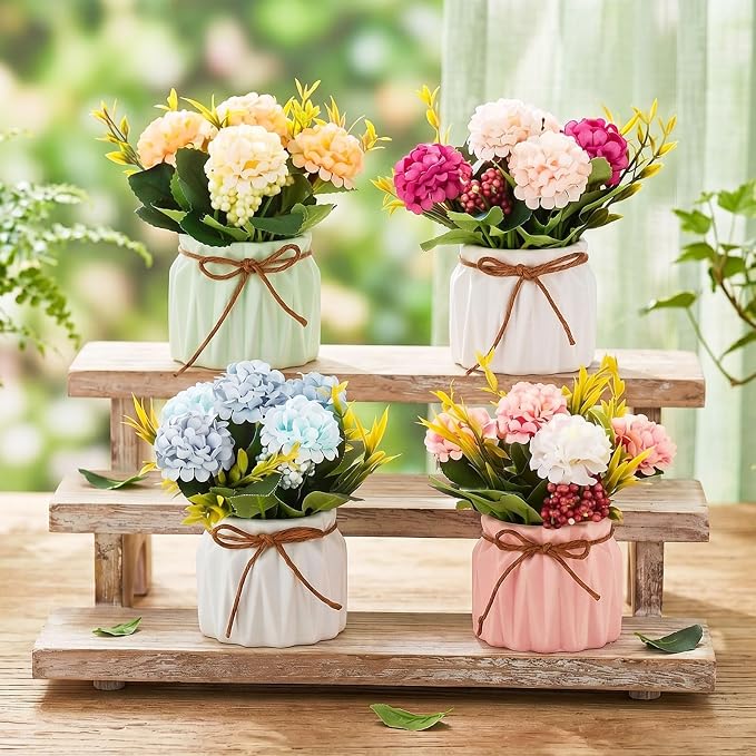 BLOSMON Fake Flowers in Vase for Centerpieces: 4 PCS 5.9 Inch Small Artificial Hydrangea with Vase Table Decor - Faux Floral Arrangements Desk Home Party Bathroom Office Decorations