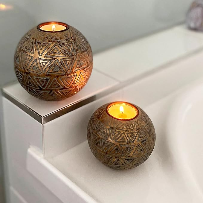 Rustic Gold Orb Tea Light Candle Holders - (Gift Boxed Set of 2 Aurum Collection) Coffee Table Decor (Triangular Pattern, Gold and Gray)