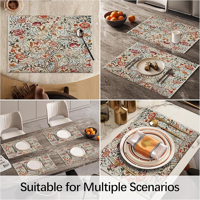 Vintage Floral Botanical Placemats Set of 4 William Morris Washable Heat Resistant Place Mats for Dining Table Rustic Nature Cottagecore Linen Woven Wipeable Kitchen Table Mats 11.8"X17.7"