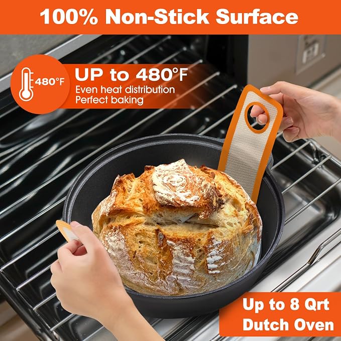 Silicone Bread Sling Dutch Oven - Best Japan Silicone. Non-Stick & Easy Clean Reusable Bread Baking Mat. With Extra Long Handles Bread Baking Sheet Liner, 2 Orange Set for Transferable Dough