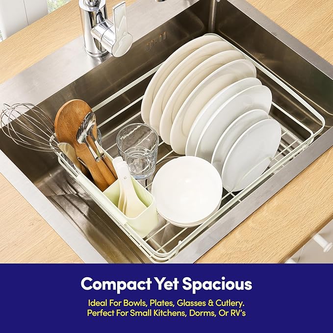Dish Drying Rack 3 Piece Dish Drainer with Drainboard Set for Kitchen Counter – Dish Rack with Removable Utensil Holder & Swivel Spout for Countertop – DishRack for Plates, Cups & More, Ivory