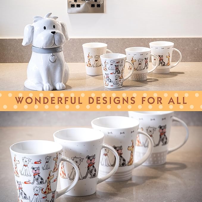 SPOTTED DOG GIFT COMPANY Dog Mugs, 12.2 oz Coffee Mug Set of 4, Cute Dogs Themed Ceramic Tea Cups, Microwave & Dishwasher Safe, Dog Lover Gifts for Women & Animal Lovers