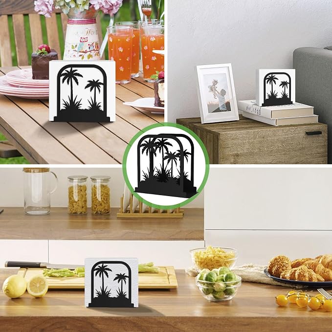 Stylish Napkin Holder,Black Metal Coconut Trees Design Napkin Holder for Table,Cushioned Base Paper Napkin Dispenser for Kitchen,Dining Room Table,Restaurant,Picnic