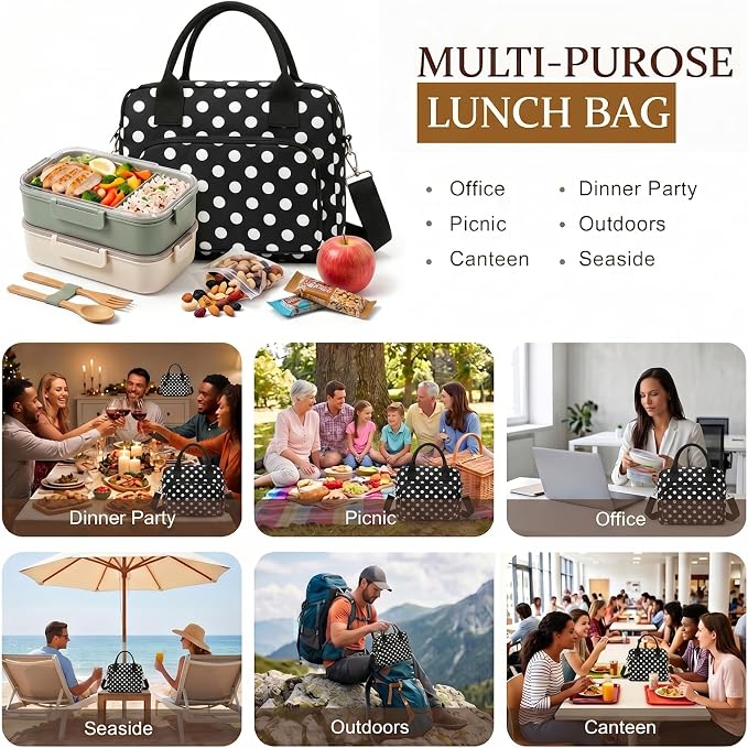 Insulated Lunch Bag for Women, Cute Polka Dot Large Capacity Leakproof Portable Thermal Lunch Box with Adjustable Shoulder Strap, Reusable Cooler Lunchbox Tote for Work Office Travel Picnic, Black,Big