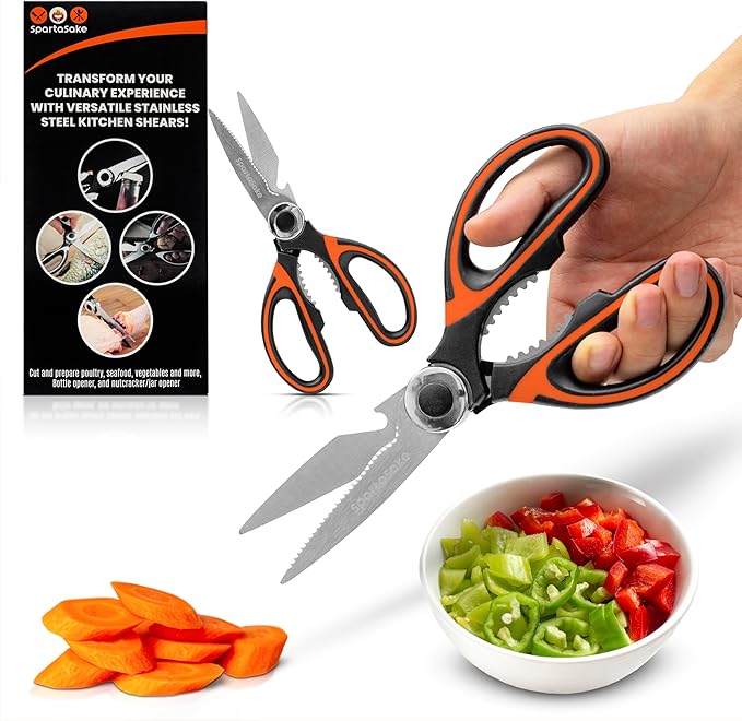 SpartaSake Premium Stainless Steel All Purpose Kitchen Shears with Sleeve - Heavy Duty Ultra Sharp kitchen Scissors for Food - Multipurpose Food Scissors for Meat Poultry Vegetable (Black-Orange)
