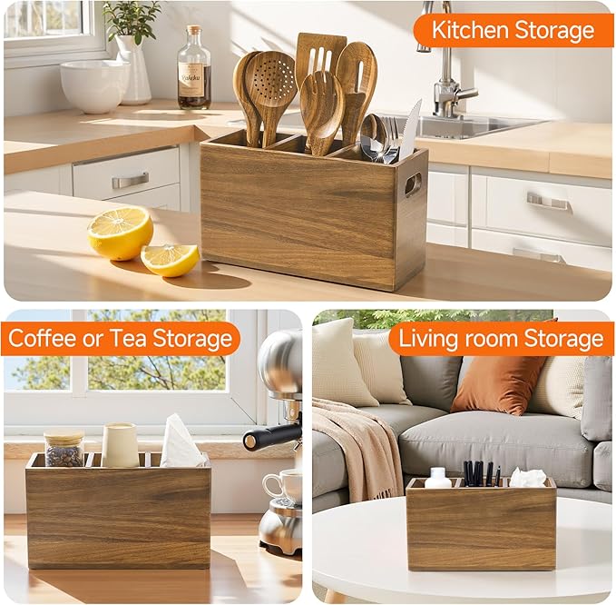 Wooden Utensil Holder Counter, Kitchen Utensil Organizer Large 3 Compartment Cooking Utensils Holder, Acacia Rustic Wood Farmhouse Storage Container Crocks for Silverware and Cooker Set
