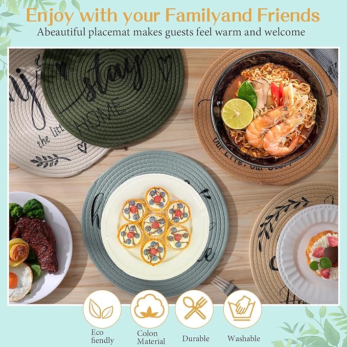 13 Inch Round Cotton Placemat Set of 6 Woven Boho Coasters Table Mats Dining Table Setting Decor Washable Heat Resistant Farmhouse Circle Place Mats for Home Accessories(Brown)