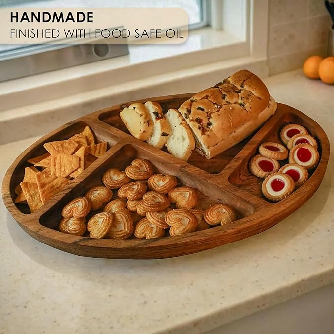 Large Wooden Divided Serving Tray – 16x10 inch Acacia Wood Platter with 4 Compartments for Snacks, Appetizers, Chips and Dips – Rustic Charcuterie Board, Chrsitmas, New Year, Thanksgiving