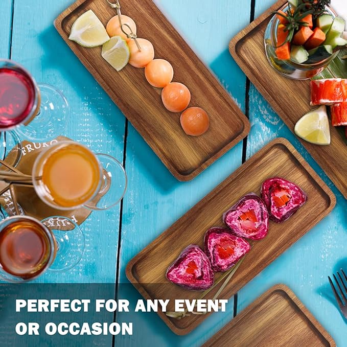 GNIEMCKIN Wooden Serving Platter, 13.8 x 5.1 Inch, Set of 4, Acacia Wood Tray, Perfect for Serving Charcuterie, Desserts, Dips, Sushi, Parties, Family Gatherings, Weddings, and Home Decor