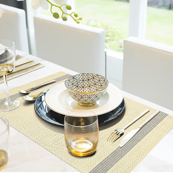 Aofmee Placemats Set of 6, Heat Resistant Place Mats, Washable Durable PVC Table Mats, Woven Vinyl Plastic Placemats for Dining Table, Non-Slip Stain Resistant Kitchen Table Placemats, Easy to Clean