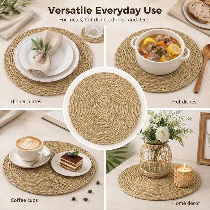 Woven Placemats Set of 6 with Water Hyacinth Basket, Round Natural Handwoven Place Mats Heat Resistant Table Mats for Dining Table Farmhouse Boho Kitchen Table Decor