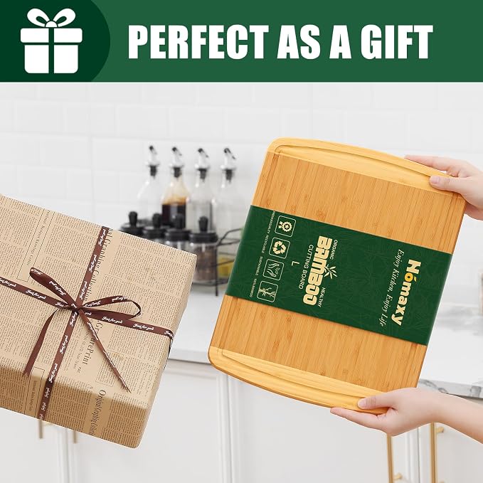 Homaxy Large Bamboo Cutting Boards for Kitchen,14.5x11.5" Wood L Cutting Board with Juice Groove, Wooden Butcher Block Chopping Board for Kitchen, Meat, Fruit & Vegetables - Pre Oiled, Two-Tone